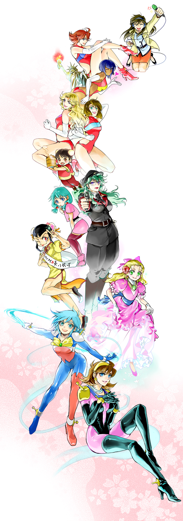 12girls, 13girls, 6+girls, \m/, allenby_beardsley, blown_kiss, bodysuit, bun_cover, bunny_higgins, cath_ronary, cecile_(g_gundam), character_request, china_dress, chinese_clothes, crossdressing, crossdressinging, dark_skin, double_bun, dress, earrings, elbow_gloves, flower, g_gundam, glasses, gloves, gun, gundam, hair_flower, hair_ornament, handgun, headphones, high_heels, highres, isi88, janet_smith, jewelry, lipstick, maria_louise, maria_louse, microphone, multiple_girls, nastasha_zabigov, necklace, one-piece_swimsuit, pov_aiming, rain_mikamura, sai_saici, shirley_lane, shoes, statue_of_liberty, swimsuit, thighhighs, weapon