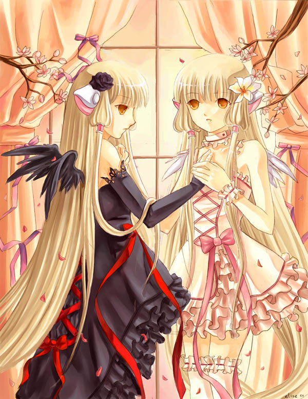 2girls, bare_shoulders, blonde_hair, brown_eyes, cherry_blossoms, chii, chobits, dress