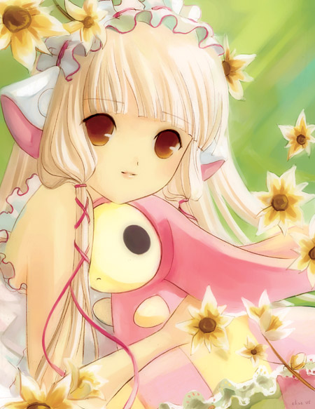 blonde_hair, bonnet, brown_eyes, chii, chobits, elise_trinh, eyes, flower