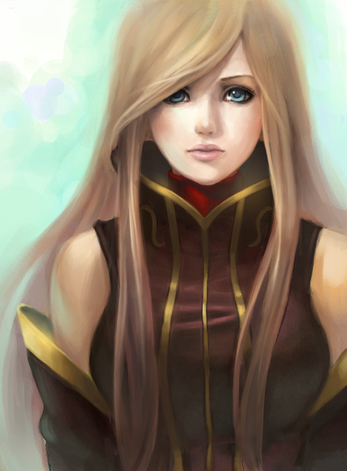 bare_shoulders, blue_eyes, brown_hair, detached_sleeves, elise_trinh, long_hair, realistic, solo