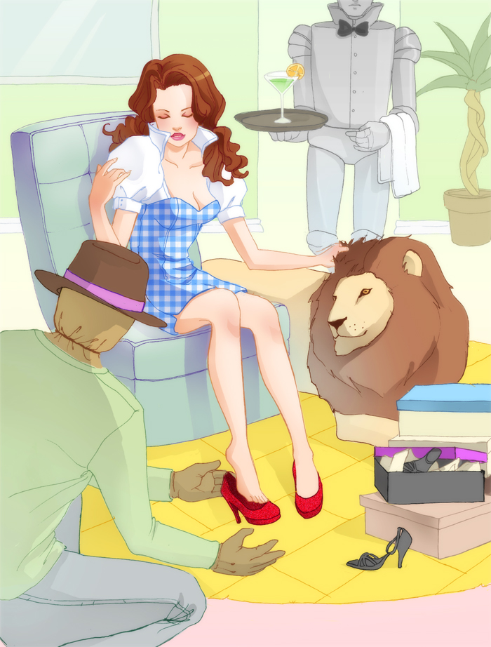 bowtie, breasts, brown_hair, cleavage, closed_eyes, cowardly_lion, dorothy_gale, dress