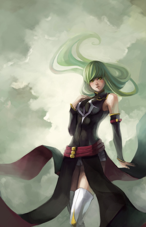 bare_shoulders, bike_shorts, blush, c.c., code_geass, detached_sleeves, dress, elise_trinh