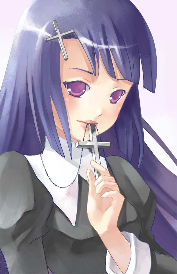 bangs, blue_hair, blunt_bangs, cross, cross_necklace, elise_trinh, jewelry, kannagi