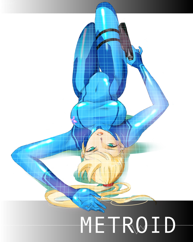 blonde_hair, blue_eyes, breasts, gurio_go_go, long_hair, lying, metroid, metroid:_other_m, metroid_other_m, mole, navel, on_back, ponytail, samus_aran, skin_tight, solo, standing, zero_suit