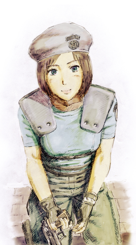 beret, blue_eyes, brown_hair, capcom, fingerless_gloves, gloves, gun, handgun, hat, jibon, jill_valentine, kneeling, resident_evil, sitting, uniform, weapon