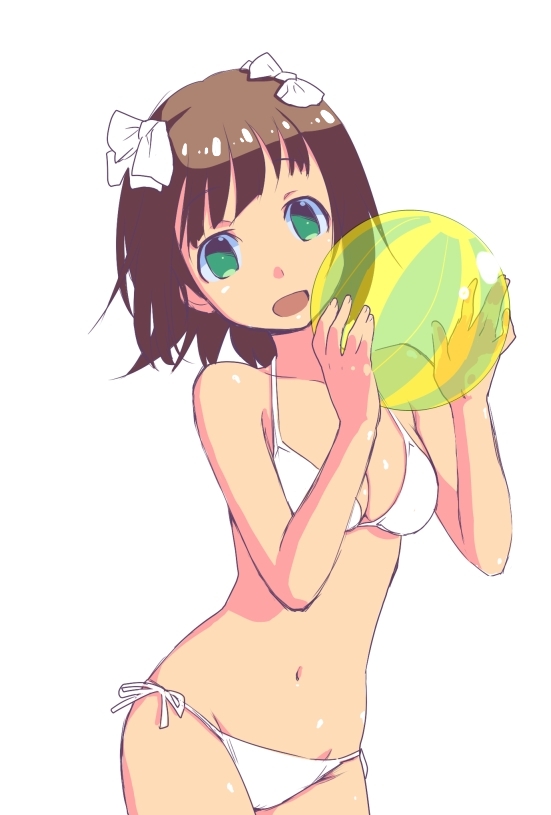 :d, amami_haruka, ball, beachball, bikini, bow, breasts, brown_hair