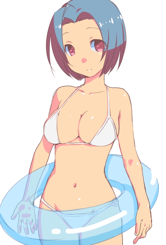 bare_shoulders, bikini, blue_hair, breasts, cleavage, idolmaster, innertube, kawai_fuguri, large_breasts, midriff, miura_azusa, navel, pink_eyes, short_hair, smile, solo, swimsuit