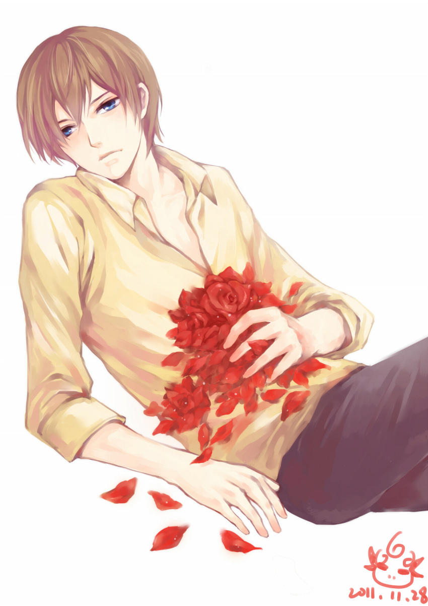 blue_eyes, brown_hair, dated, flower, fuji_shuusuke, highres, male, petals