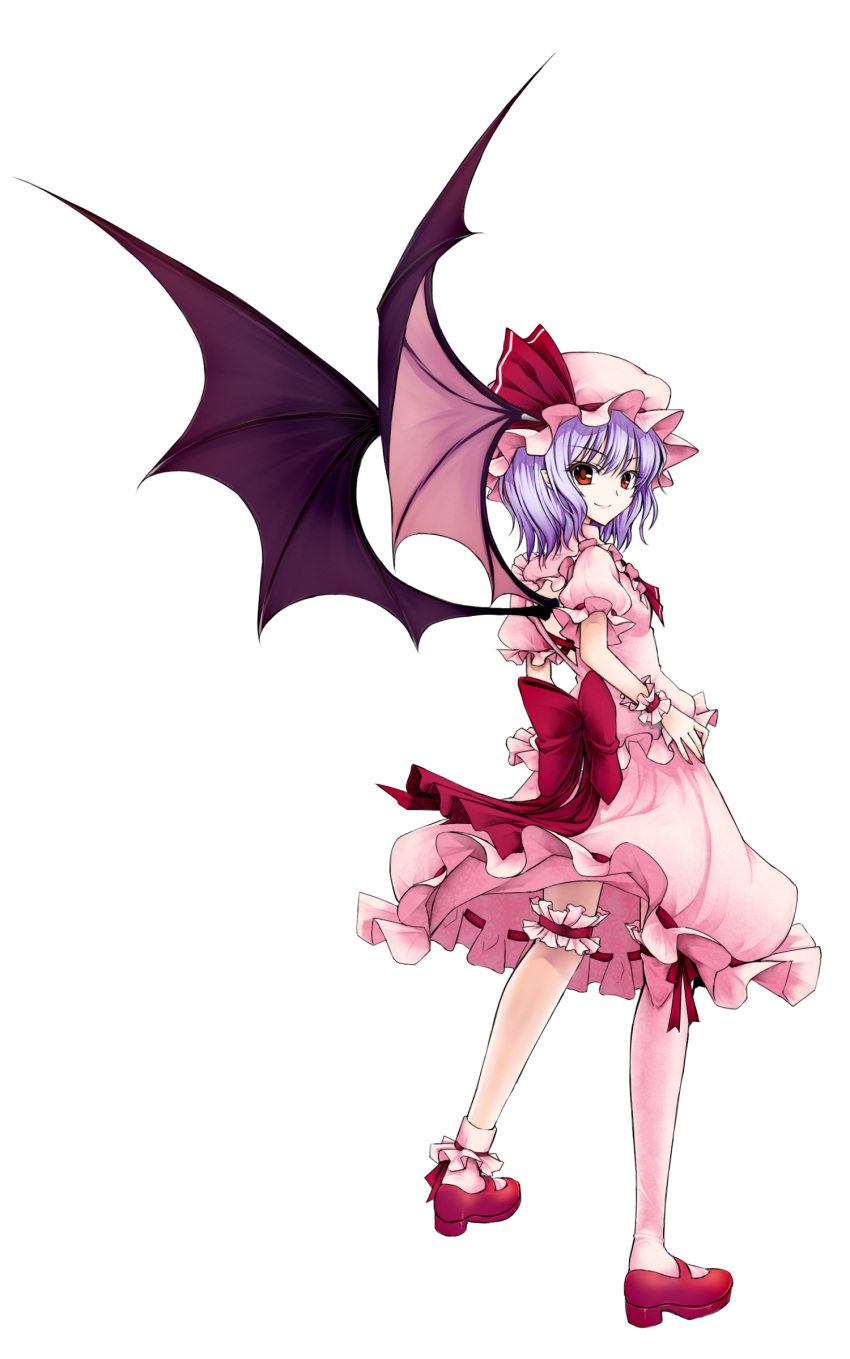 bat_wings, blue_hair, bobby_socks, bow, brown_eyes, garters, hands_on_hips, hat, highres, large_bow, lavender_hair, leg_garter, lips, looking_at_viewer, looking_back, mary_janes, nail_polish, pointy_ears, red_eyes, remilia_scarlet, shoes, smile, socks, solo, standing, touhou, transparent_background, utakata_(0824), utakata_(artist), wings, wrist_cuffs