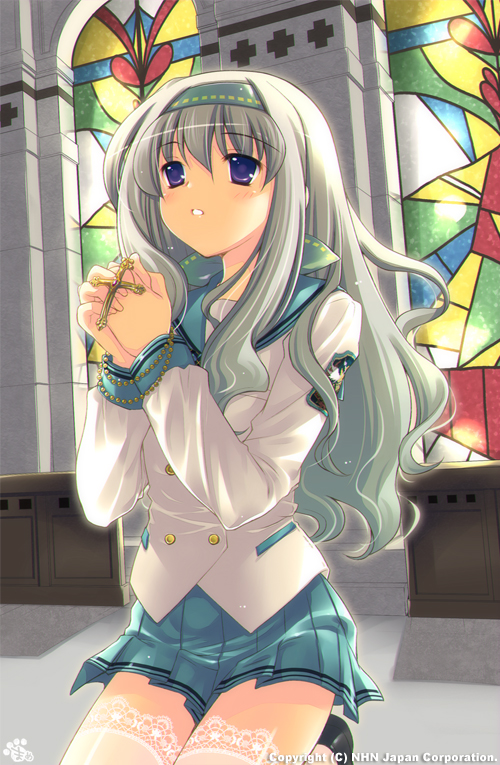 blush, church, hairband, kneeling, long_hair, mame-p, praying, purple_eyes, rosary, sakujo, school_uniform, silver_hair, skirt, solo, stained_glass, thigh-highs, thighhighs