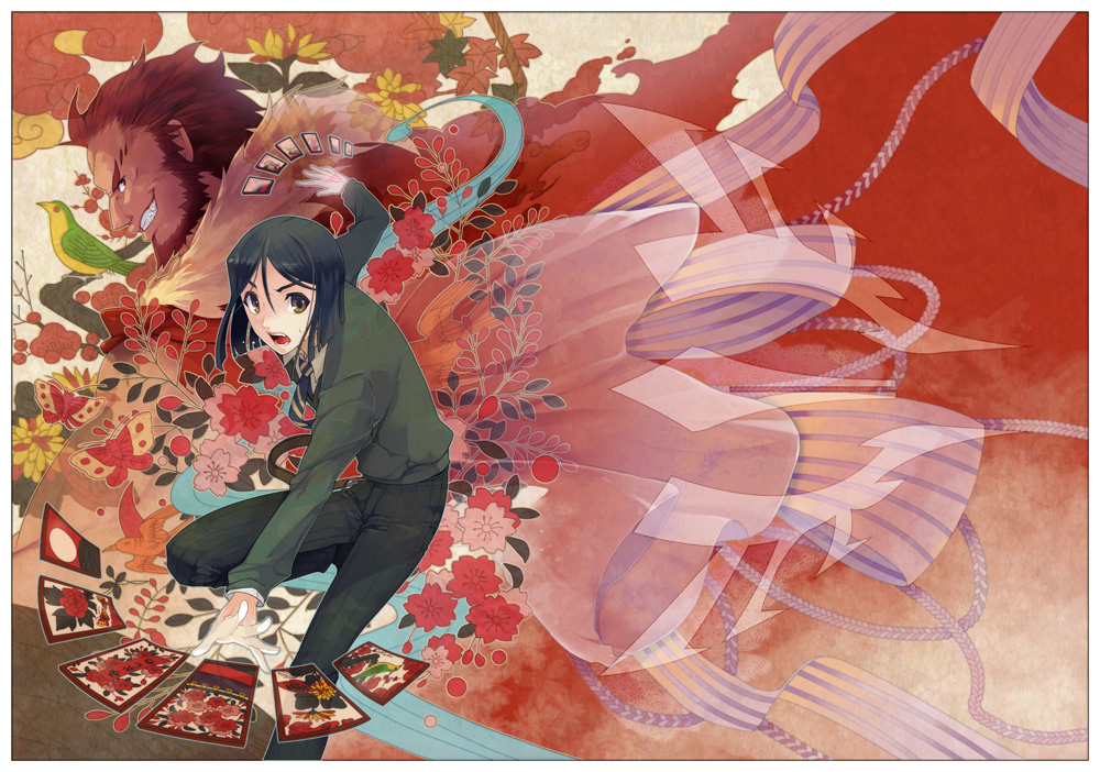 bangs, beard, bird, black_hair, bob_cut, brown_eyes, cape, card, facial_hair, fate/zero, fate_(series), flower, hanafuda, male, multiple_boys, necktie, parted_bangs, red_eyes, red_hair, redhead, ribbon, rider_(fate/zero), waver_velvet, zenji