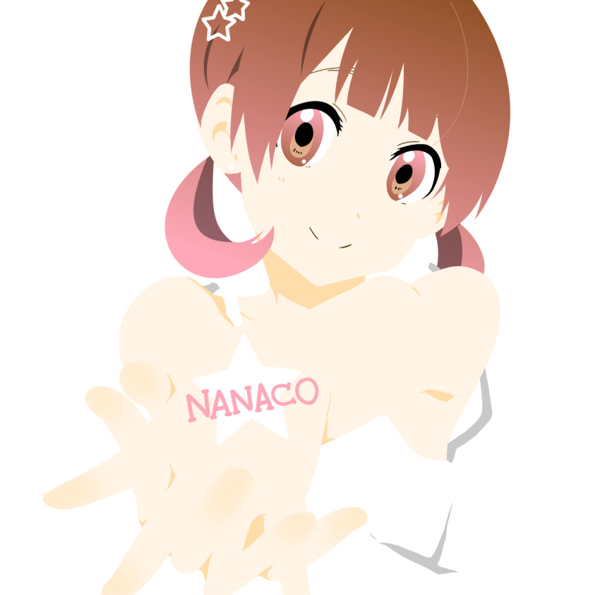 bare_shoulders, brown_eyes, brown_hair, doujima_nanako, dress, hair_decs, hands_clasped, k-on!