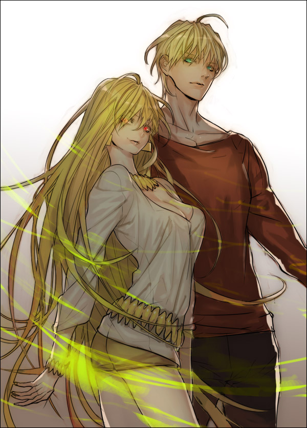 1girl, ahoge, blonde_hair, bracelet, breasts, cleavage, earrings, fate/prototype, fate/stay_night, fate_(series), genderswap, gilgamesh, gilgamesh-ko, green_eyes, jewelry, long_hair, necklace, red_eyes, saber_(fate/prototype), shaliva, shorts, smile, v-neck, very_long_hair