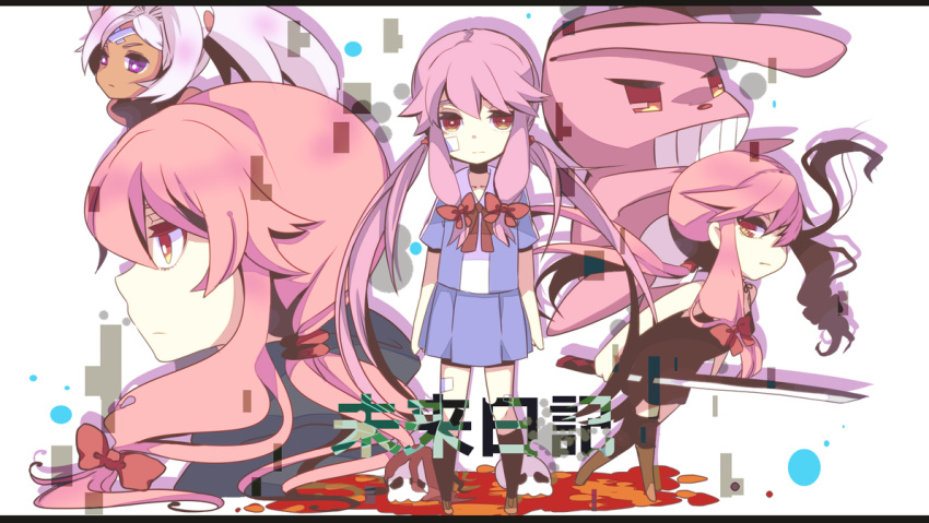 bunny, gasai_yuno, katana, letterboxed, long_hair, mirai_nikki, multiple_girls, murmur_(mirai_nikki)