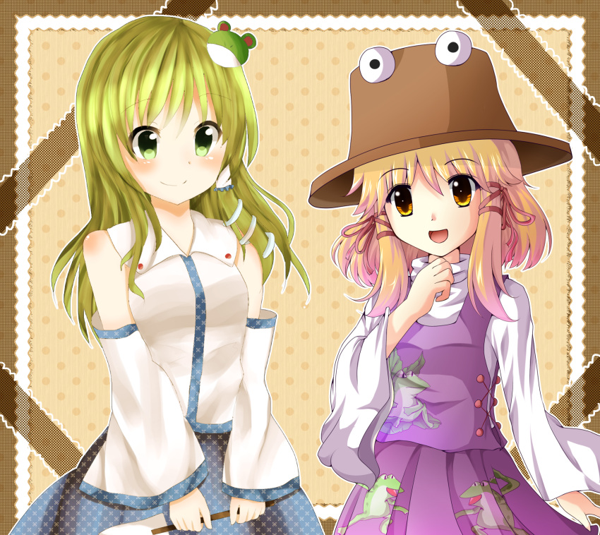 blonde_hair, blush, blush_stickers, breasts, collaboration, detached_sleeves, frog, frog_hair_ornament