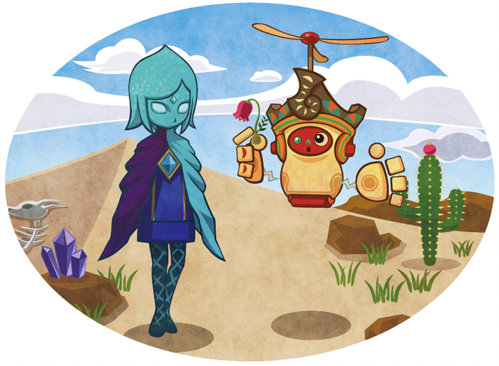 blue_eyes, blue_hair, cactus, cape, desert, eye_contact, fi, floating