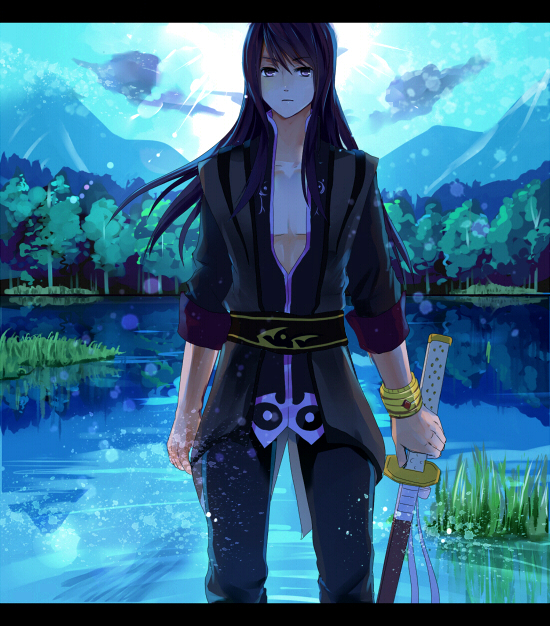 black_hair, holding, katana, lake, letterboxed, long_hair, male, ouri