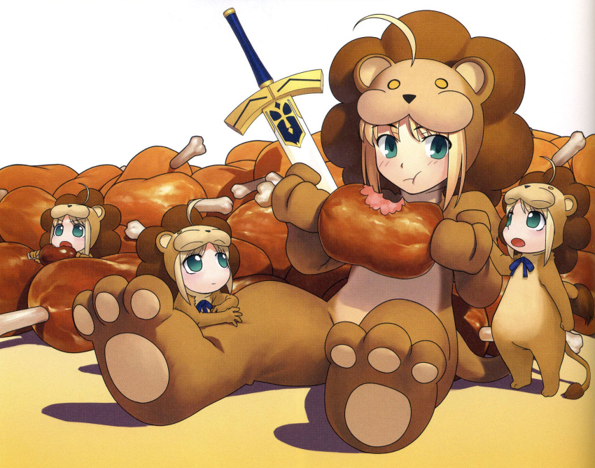 ahoge, animal_costume, blonde_hair, boned_meat, child, cub, eating, excalibur