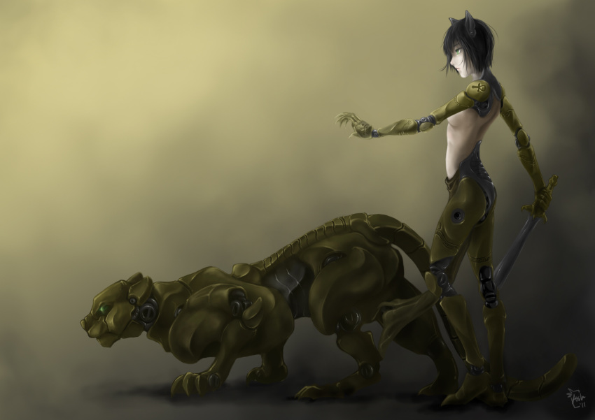 armor, cat_ears, expressionless, green_eyes, highres, marwan_islami, original, robot