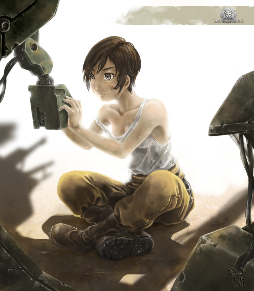 belt, boots, brown_eyes, brown_hair, dirty, expressionless, highres, indian_style