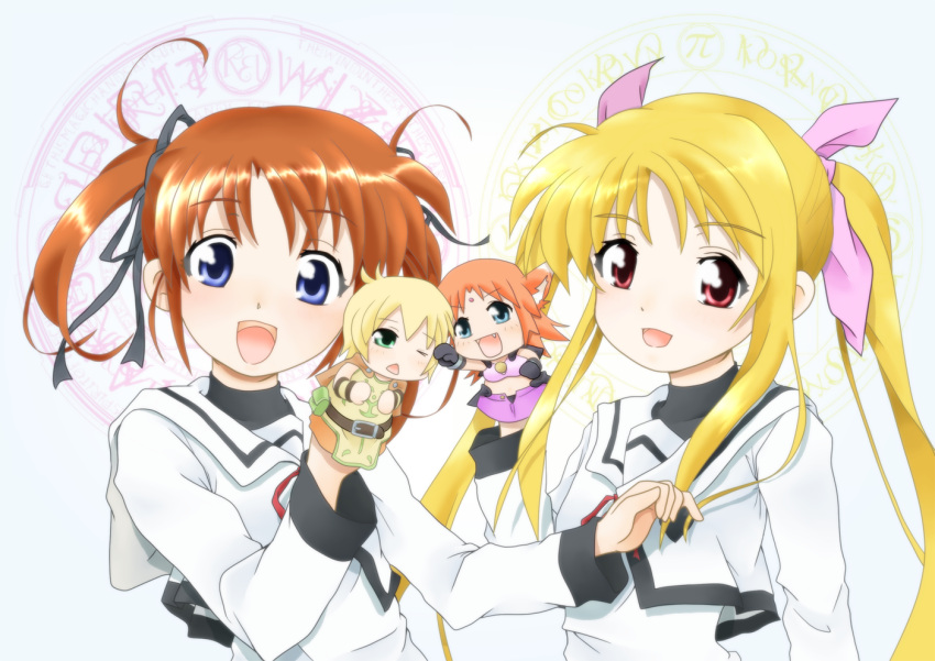 arf, belt, blonde_hair, blue_eyes, blush, bow, brown_hair, buckle, cape, character_doll, facial_mark, fangs, fate_testarossa, forehead_mark, green_eyes, hair_bow, hair_ribbon, kamiyubi_saro, long_hair, long_sleeves, lyrical_nanoha, magic_circle, mahou_shoujo_lyrical_nanoha, mahou_shoujo_lyrical_nanoha_a's, mahou_shoujo_lyrical_nanoha_a's, mame-tomato, open_mouth, orange_hair, punching, red_eyes, ribbon, school_uniform, short_hair, short_twintails, smile, takamachi_nanoha, twintails, wink, yuuno_scrya