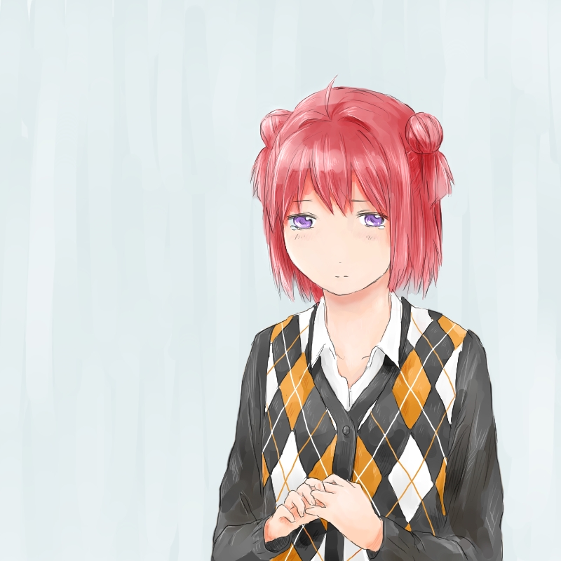2yffmhbl, akaza_akari, argyle, bad_id, blue_background, purple_eyes, red_hair, redhead, solo, syou_(endemic_species), tears, violet_eyes, yuru_yuri