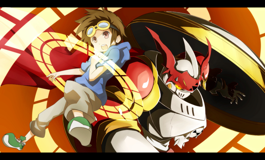 brown_eyes, brown_hair, cape, child, digimon, digimon_tamers, dukemon, goggles