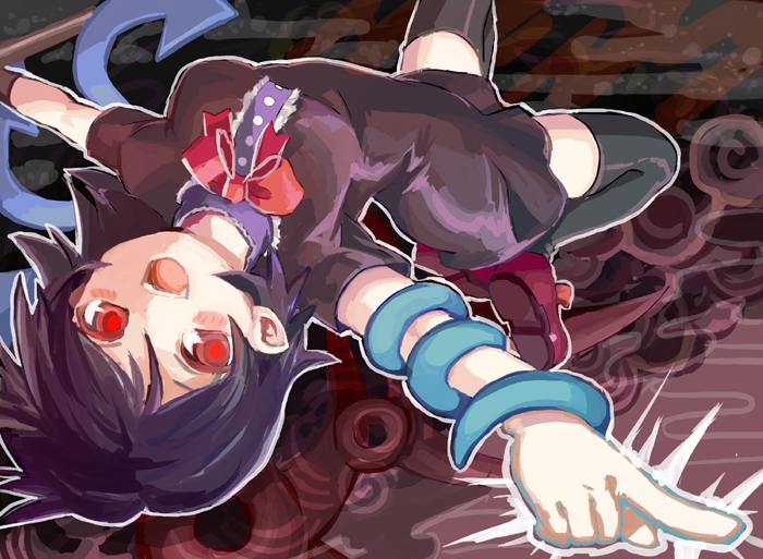asymmetrical_wings, black_hair, black_legwear, blush, dress, houjuu_nue, open_mouth, pointing