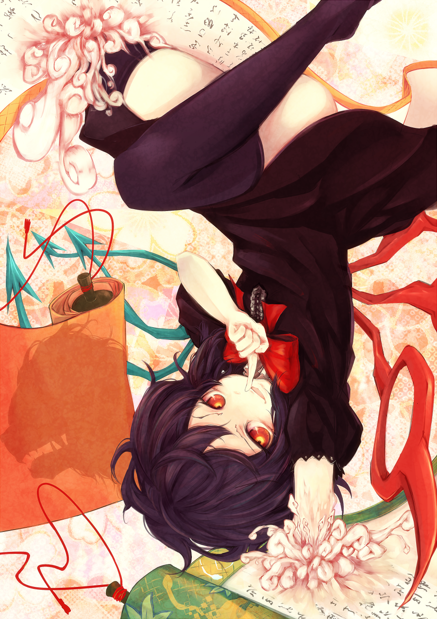 asymmetrical_wings, black_hair, black_legwear, bowtie, dress, highres, houjuu_nue, red_eyes