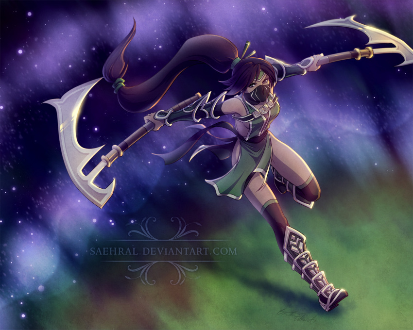 akali, boots, bracer, breasts, brown_eyes, brown_hair, detached_sleeves, dual_wielding