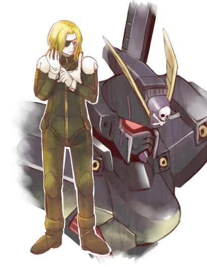 adjusting_gloves, blonde_hair, blue_eyes, crossbone_gundam, crossbone_gundam_x-2, eyepatch, gloves, gundam