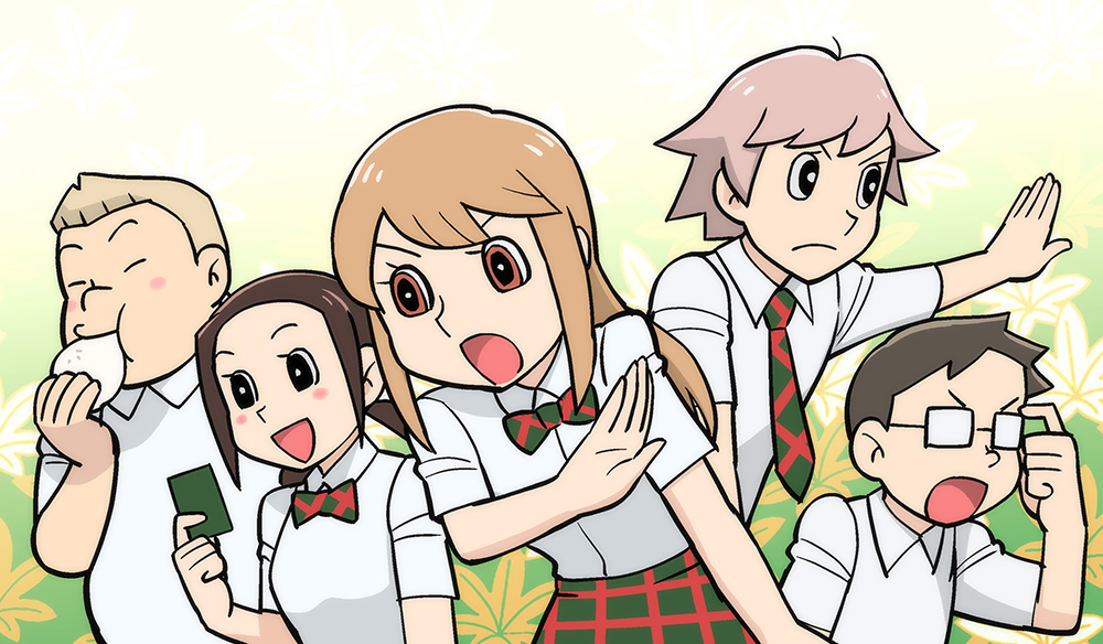 2girls, 3boys, ayase_chihaya, card, chihayafuru, fujiko_f_fujio_(style), glasses, komano_tsutomu, long_hair, mashima_taichi, multiple_boys, multiple_girls, nishida_yuusei, ooe_kanade, parody, school_uniform, style_parody, ueyama_michirou