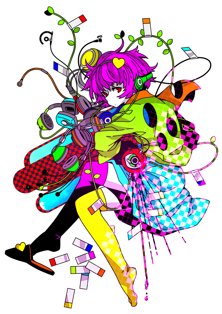 cable, checkered, cord, earplugs, green_eyes, hairband, headphones, heart