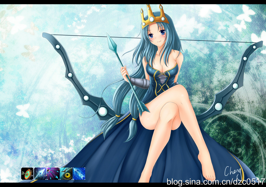 arrow, ashe, ashe_(league_of_legends), barefoot, blue_eyes, blue_hair, blush, bow, bow_(weapon), breasts, cheng, cheng_(artist), cleavage, crossed_legs, crown, dress, highres, league_of_legends, legs_crossed, long_hair, sitting, smile, very_long_hair, weapon