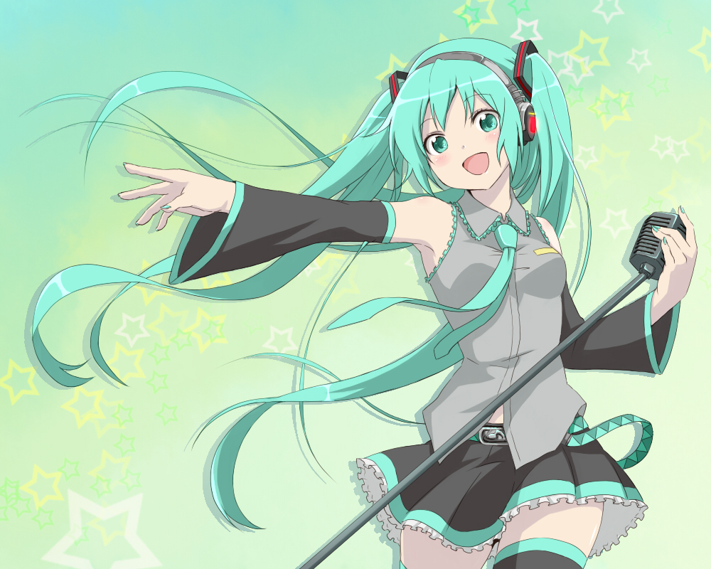 aqua_eyes, aqua_hair, detached_sleeves, hatsune_miku, headphones, long_hair, microphone, microphone_stand, necktie, open_mouth, skirt, solo, thigh-highs, thighhighs, tokioto, twintails, very_long_hair, vocaloid
