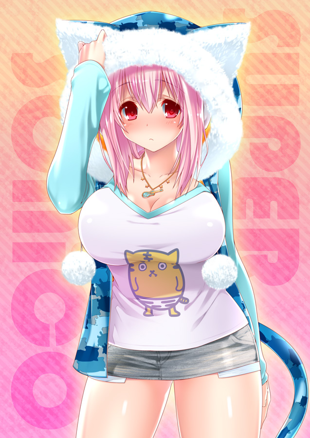 alternate_costume, animal_ears, bare_legs, blush, breasts, cat_ears, cat_hood, cat_tail