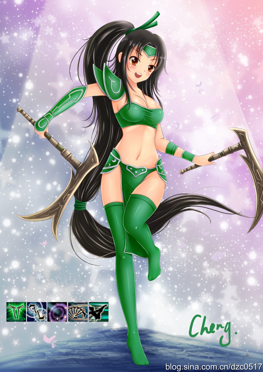:d, absurdly_long_hair, absurdres, akali, armor, bikini_armor, black_hair, blush