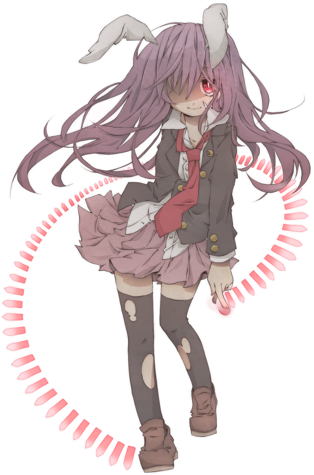 animal_ears, black_legwear, blazer, bullet, bunny_ears, crescent, dress_shirt, hair_over_one_eye