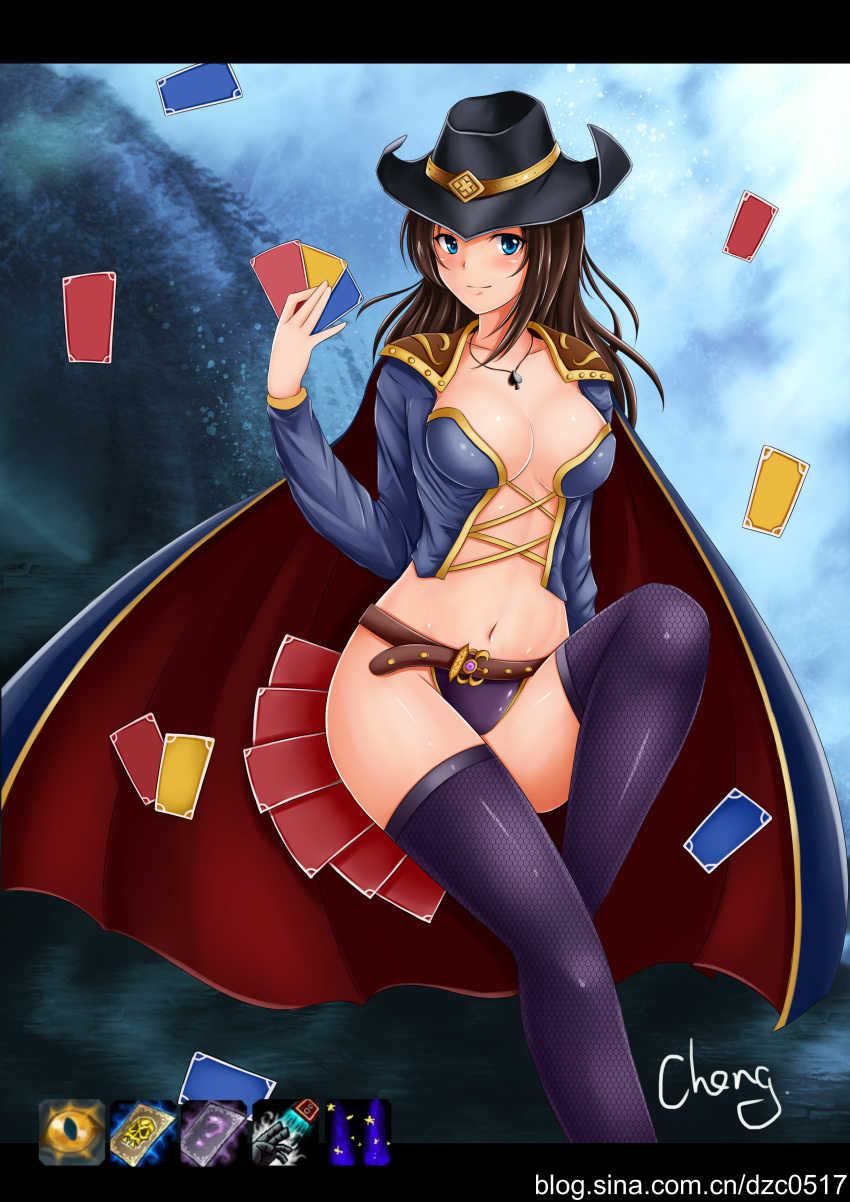 absurdres, belt, bikini_bottom, blue_eyes, blush, breasts, brown_hair, cape