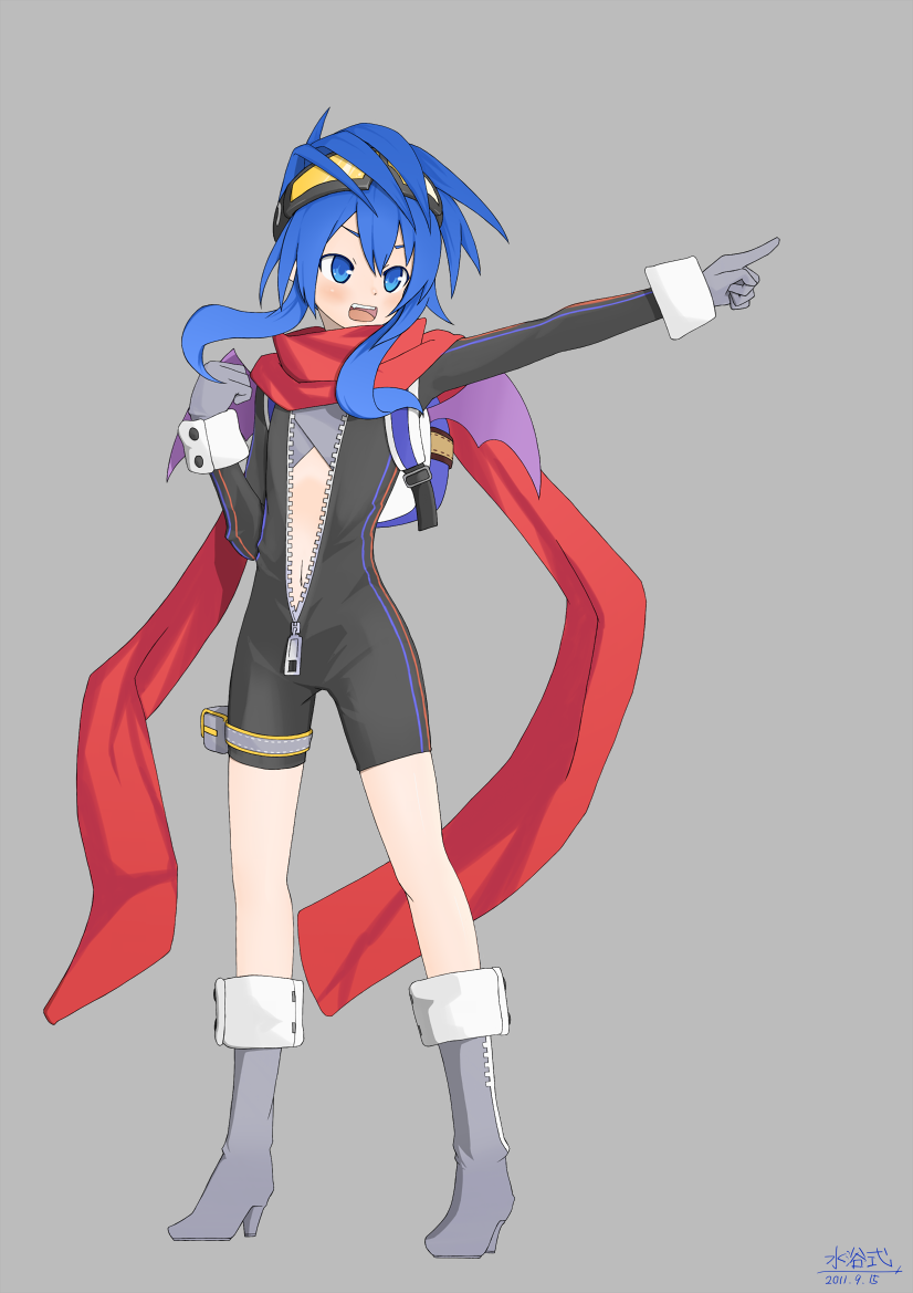 1girl, :d, arm_up, backpack, bag, bat_wings, blue_eyes, blue_hair