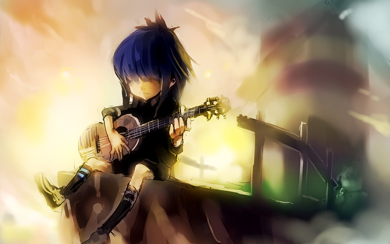 acoustic_guitar, blue_hair, cliff, cloud, dusk, expressionless, fence, gorillaz