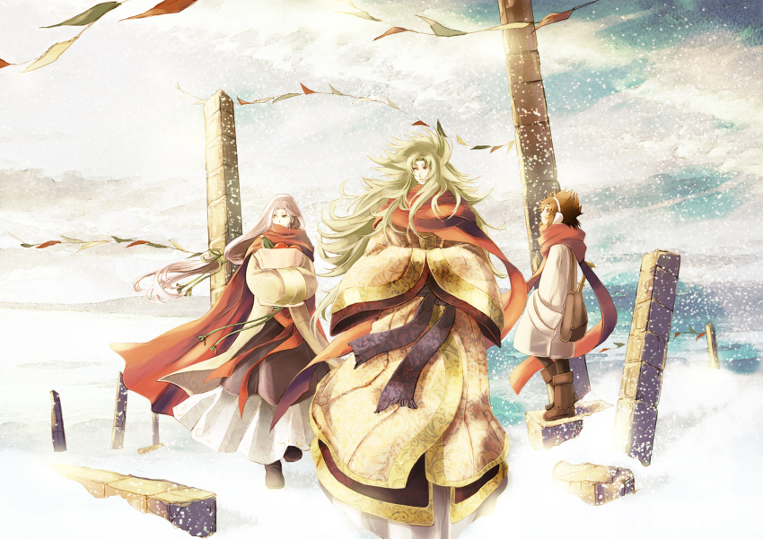 aries_mu, aries_shion, blonde_hair, brown_hair, earmuffs, ichi_(ringogogo777), kiki_(saint_seiya), long_hair