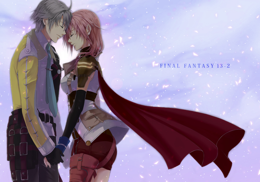1girl, cape, closed_eyes, couple, eyes_closed, final_fantasy, final_fantasy_xiii, final_fantasy_xiii-2