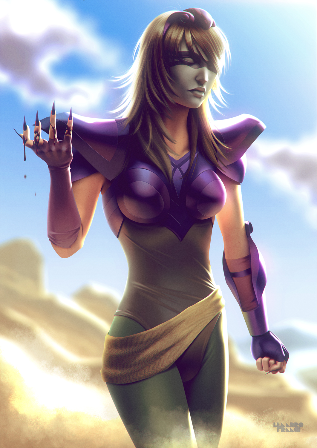 blood, breastplate, claws, fingerless_gloves, gloves, highres, leandro_franci, leotard