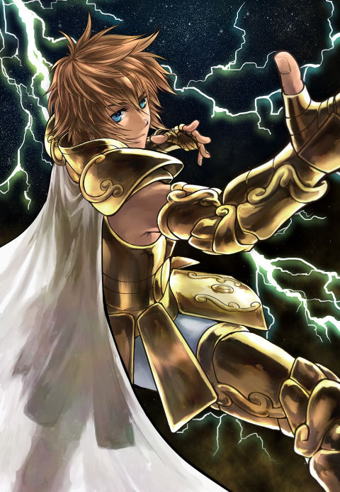 armor, blue_eyes, brown_hair, cape, full_armor, leo_regulus, male, saint_seiya, saint_seiya:_the_lost_canvas, short_hair, solo