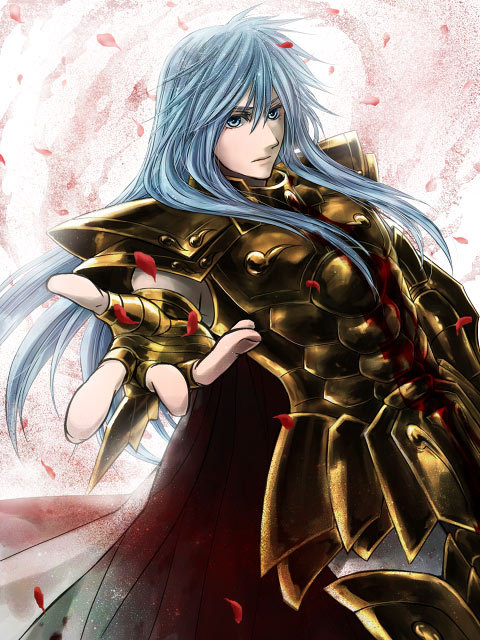 armor, blood, blue_eyes, blue_hair, cape, full_armor, long_hair, male