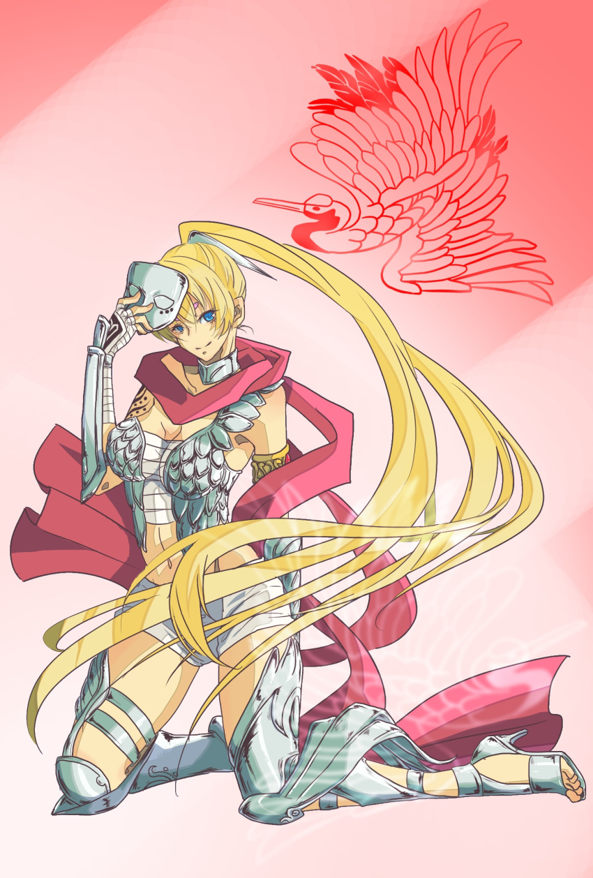 amazon, armor, bandage, blonde_hair, blue_eyes, bracelete, cleavage, crane