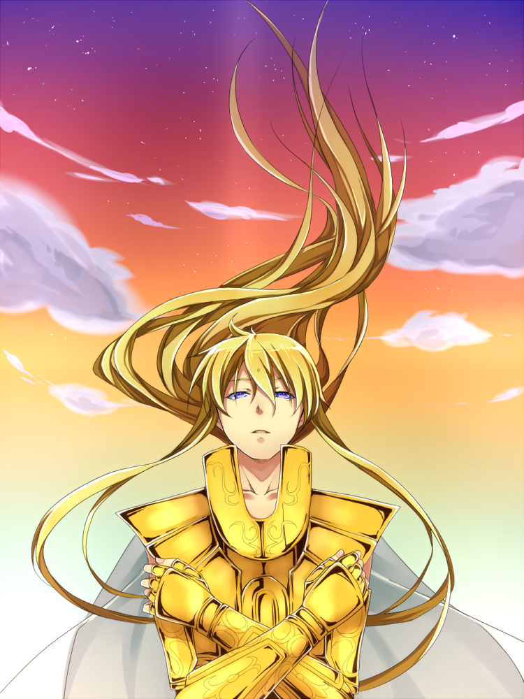 armor, blonde_hair, blue_eyes, cloud, full_armor, long_hair, male, saint_seiya