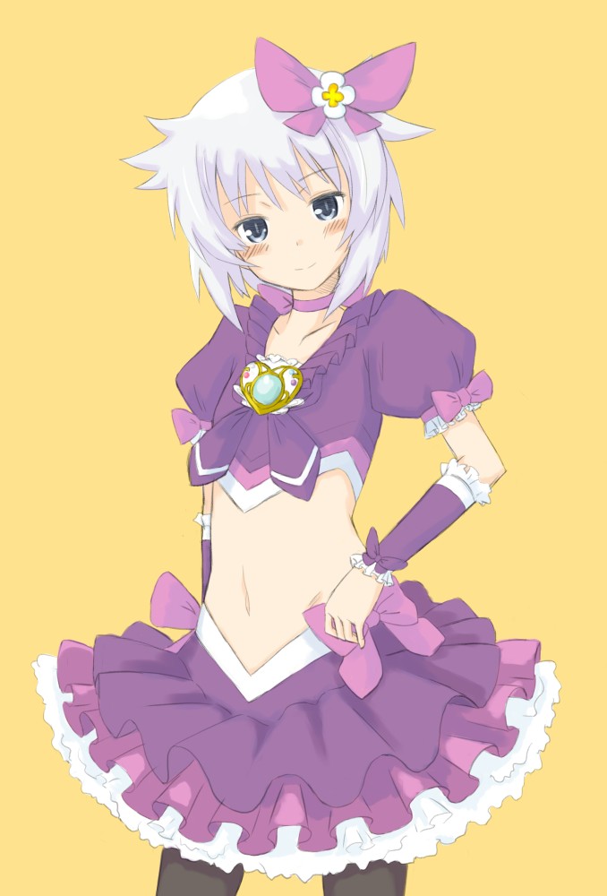 blue_eyes, blush, daiteikoku, hair_ribbon, katherine_(daiteikoku), kuramoto_takato, looking_at_viewer, midriff, navel, pantyhose, precure, ribbon, short_hair, skirt, smile, solo, white_hair
