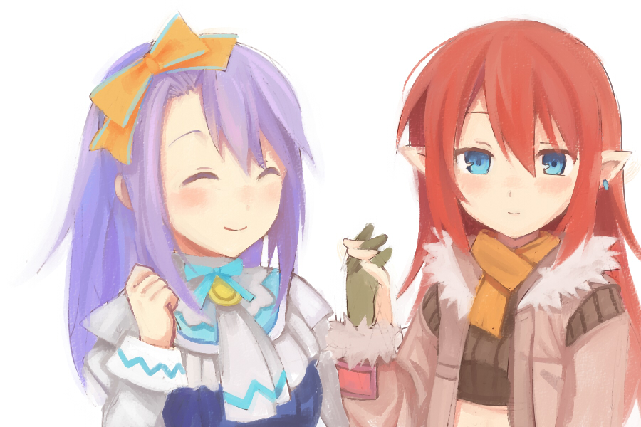 blue_eyes, earrings, gloves, hair_ribbon, jacket, jewelry, multiple_girls, pointy_ears